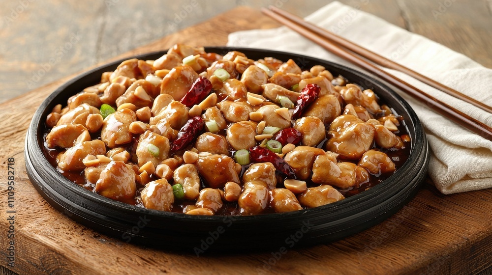 Obraz premium Delicious chicken stir-fry asian restaurant food cozy atmosphere close-up culinary delight for food lovers