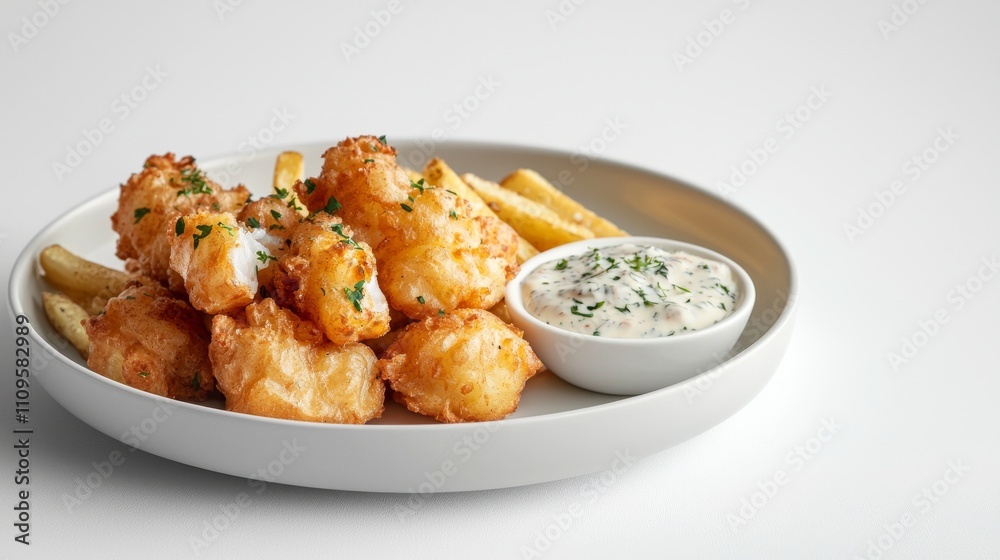 A plate of crispy fried fish served with golden fries and a creamy dipping sauce, showcasing a delicious meal perfect for seafood lovers. A plate of crispy fried fish served with golden fries and a creamy dipping sauce, showcasing a delicious meal perfect for seafood lovers.