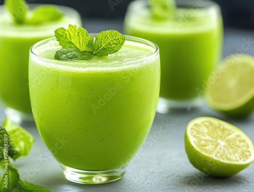 Green mint and lime smoothie close-up, healthy living bevarage photo