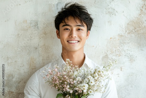portrait photography, a happy young asian man holds a flower bouquet, smiling against a white wall