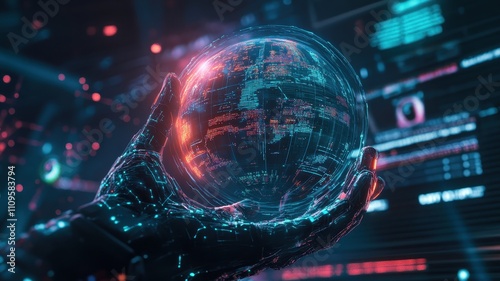 A futuristic hand holds a glowing digital globe amidst a backdrop of data and technology, symbolizing advanced computing and global connectivity.