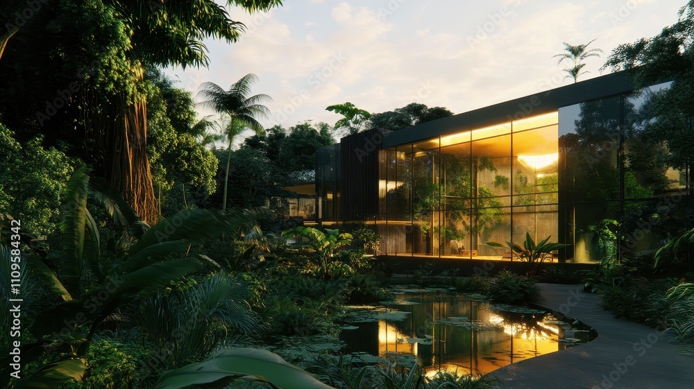 A modern glass house surrounded by lush greenery and tropical plants, reflecting the serene beauty of nature at sunset. A modern glass house surrounded by lush greenery and tropical plants, reflecting the serene beauty of nature at sunset.