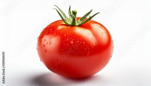 Vibrant red tomato with water droplets, glistening against a white background.