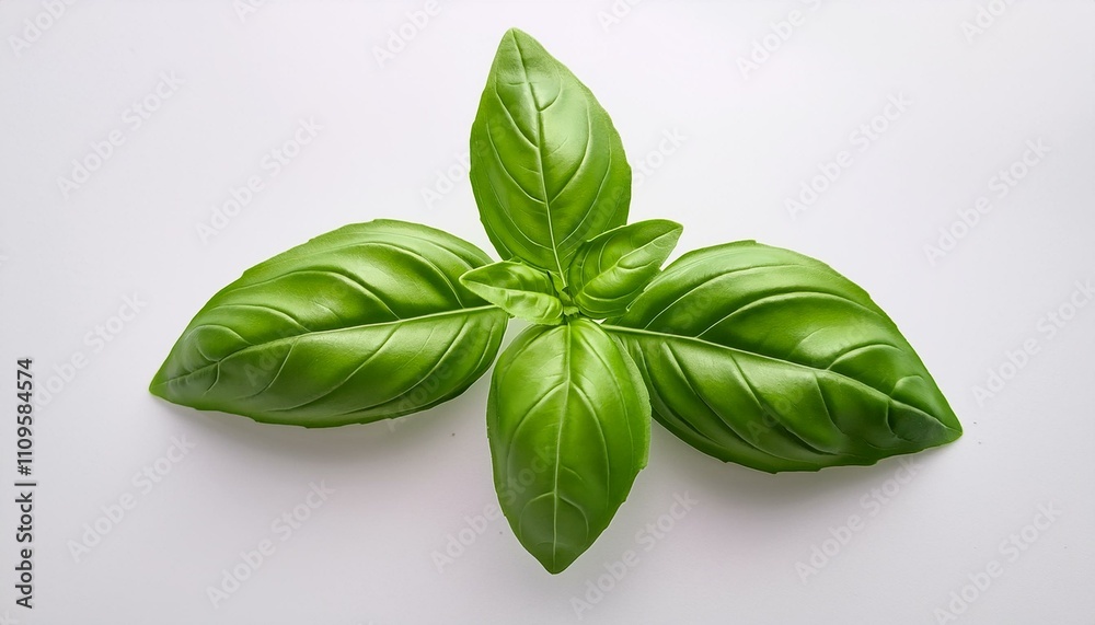 Vibrant green basil leaves on a clean white background. Vibrant green basil leaves on a clean white background.