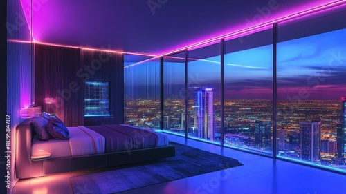A modern bedroom with vibrant neon lighting and a panoramic city view, creating a cozy yet stylish atmosphere.