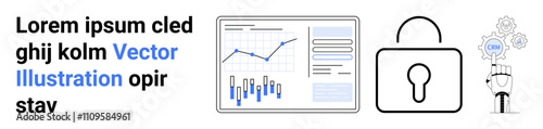 Dashboard with charts, data analysis, lock security symbol, robotic hand, gears, and settings. Ideal for data analytics, cybersecurity, technology integration, automation, settings information