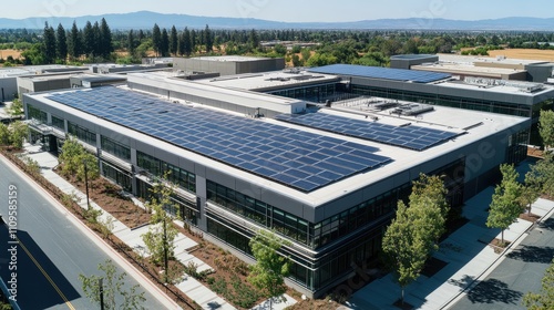 Aerial view of modern building with solar panels on roof.