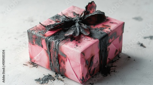 A pink gift box adorned with a black ribbon, featuring a textured surface and an artistic, slightly messy presentation.