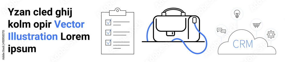Clipboard with checklist, briefcase, cloud labeled CRM with icons. Ideal for business solutions, organization, task management, office tools, workflow, productivity apps, project planning. Landing Clipboard with checklist, briefcase, cloud labeled CRM with icons. Ideal for business solutions, organization, task management, office tools, workflow, productivity apps, project planning. Landing