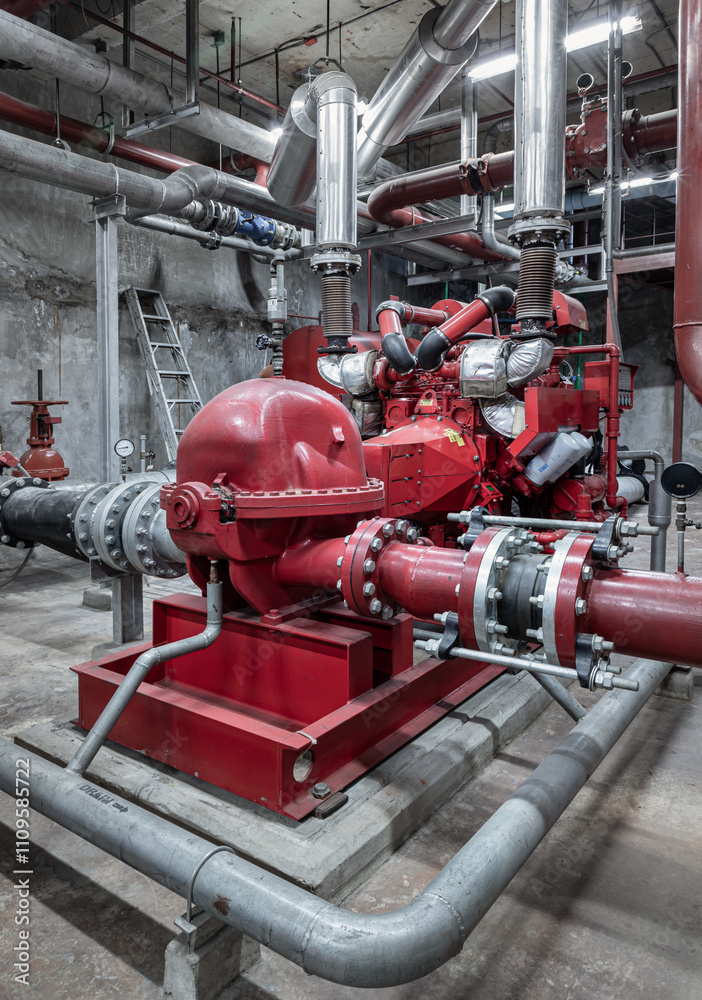 Fire protection system of Condominium. Red generator pump for water sprinkler piping and Fire alarm control system.