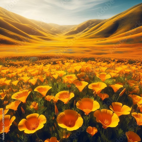 Fields of Golden Poppies An expansive field where golden Califor photo