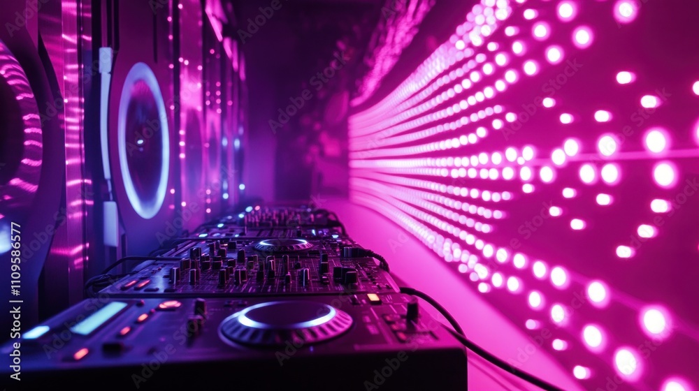 DJ Mixer in a Pink and Blue Lit Nightclub DJ Mixer in a Pink and Blue Lit Nightclub