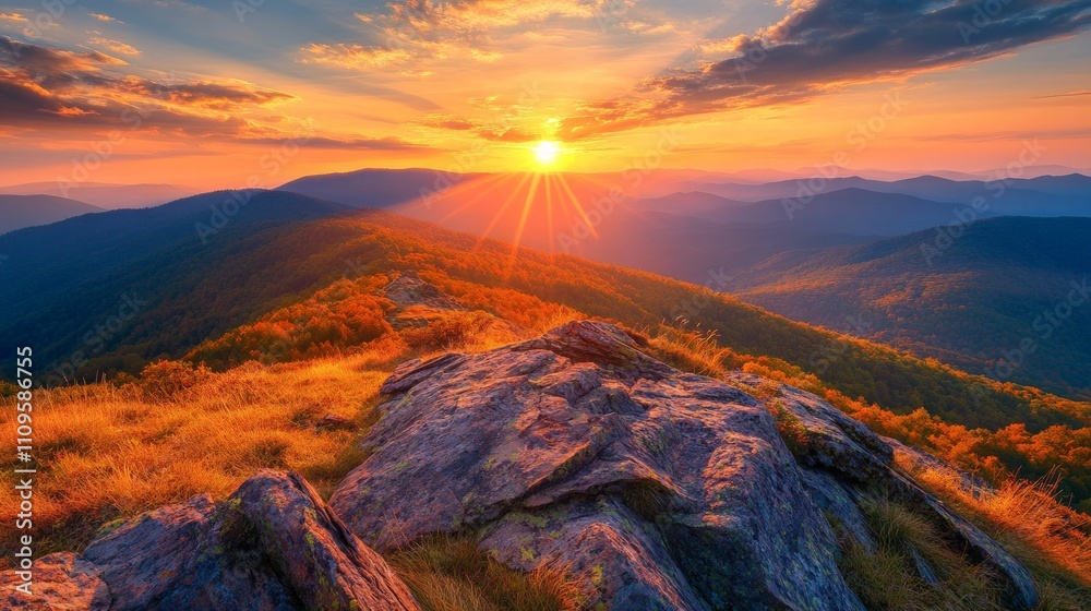 Obraz premium Serene Mountain Sunset, tranquil evening hues illuminate the sky, inviting exploration and adventure, a perfect backdrop for nature enthusiasts and wanderers.