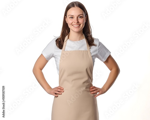 Joyful woman in beige apron, hands on hips, full body photo, clean white background, text space 32k, full ultra hd, high resolution