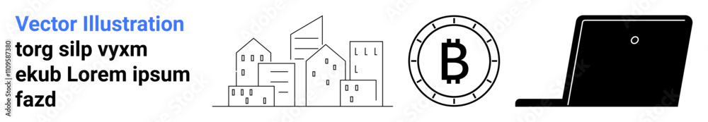 Building complex, Bitcoin symbol, and laptop explore urban growth, digital finance, and tech innovation. Ideal for urban development, cryptocurrency, technology advancement, digital security, modern Building complex, Bitcoin symbol, and laptop explore urban growth, digital finance, and tech innovation. Ideal for urban development, cryptocurrency, technology advancement, digital security, modern