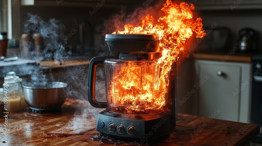 A blender catches fire in a kitchen, sending fiery flames and smoke into the air during a chaotic cooking moment A blender catches fire in a kitchen, sending fiery flames and smoke into the air during a chaotic cooking moment
