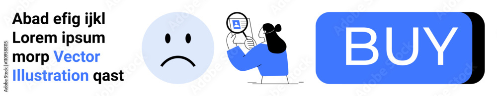 Sad emotion, text block, person with magnifier, and blue BUY button Ideal for digital marketing, web design, user interface, e-commerce, call-to-action, minimalistic design, online shopping. Landing Sad emotion, text block, person with magnifier, and blue BUY button Ideal for digital marketing, web design, user interface, e-commerce, call-to-action, minimalistic design, online shopping. Landing