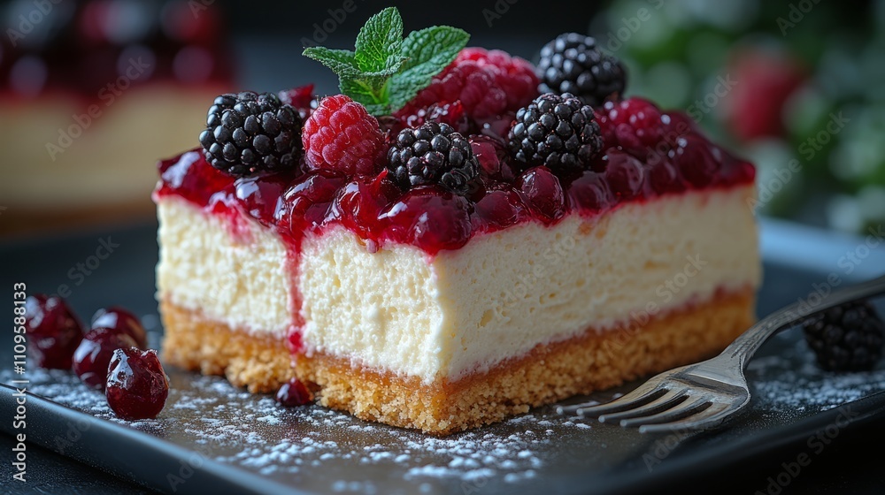 A slice of creamy cheesecake features a vibrant berry topping, garnished with mint leaves, inviting gourmet indulgence in a warm ambiance A slice of creamy cheesecake features a vibrant berry topping, garnished with mint leaves, inviting gourmet indulgence in a warm ambiance