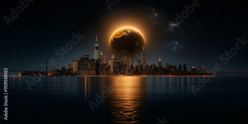 urban view against the background of a glowing planet in the sky