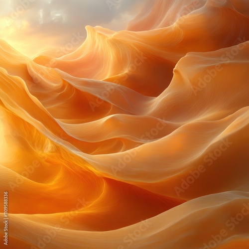 A serene landscape of flowing, orange-hued waves resembling sand dunes at sunset.