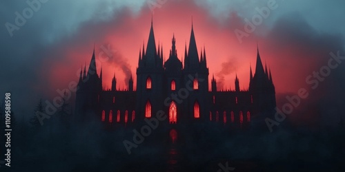 A dark, atmospheric castle silhouette emerges against a fiery red and smoky backdrop, evoking a sense of mystery and intrigue.