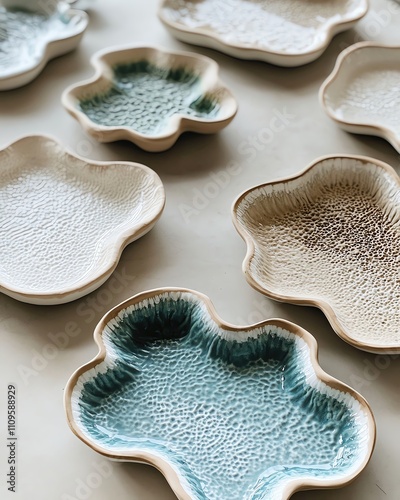 Oneofakind ceramic beachthemed platters with textured coral and waveinspired designs photo