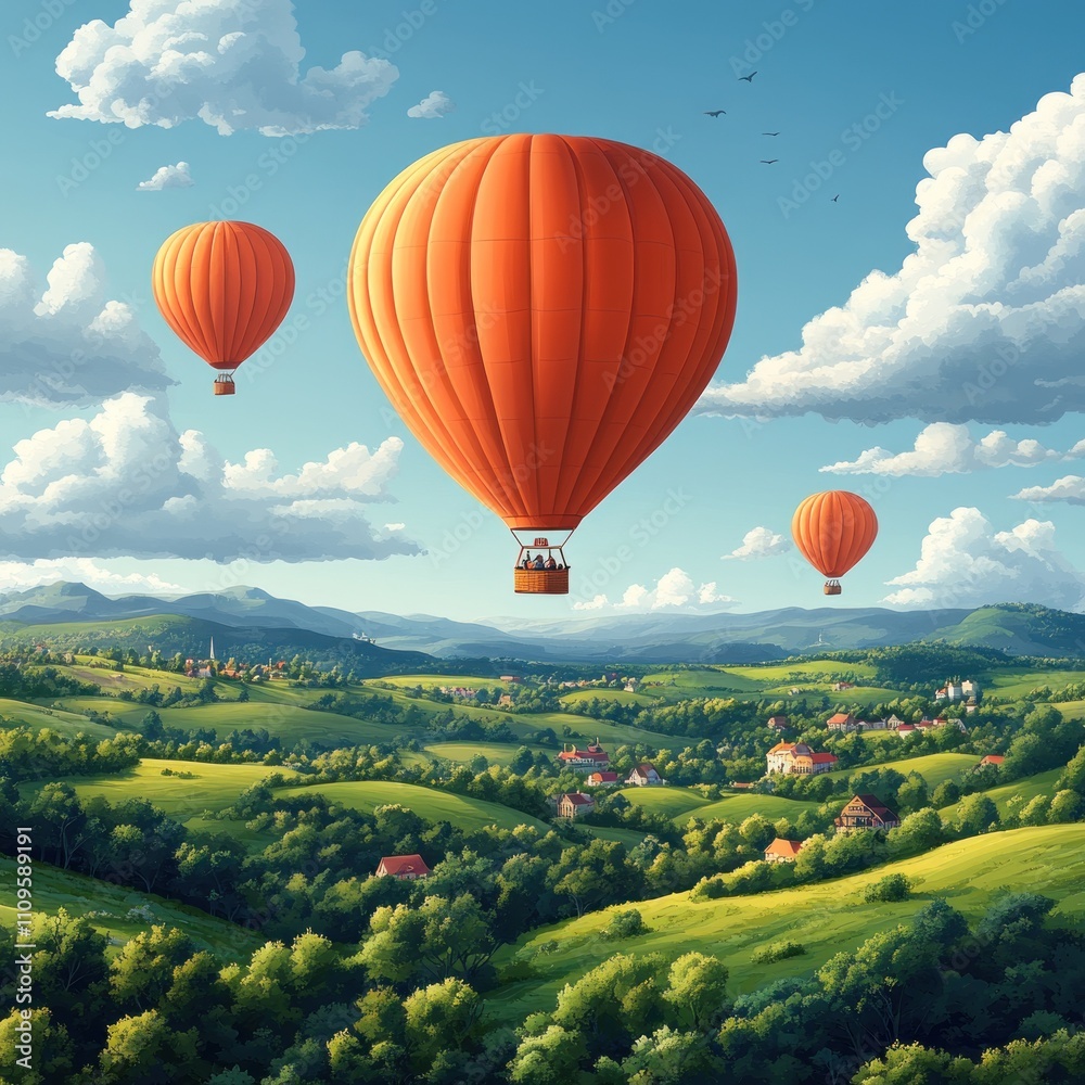 Fototapeta premium A serene landscape with orange hot air balloons floating over lush green hills and villages.