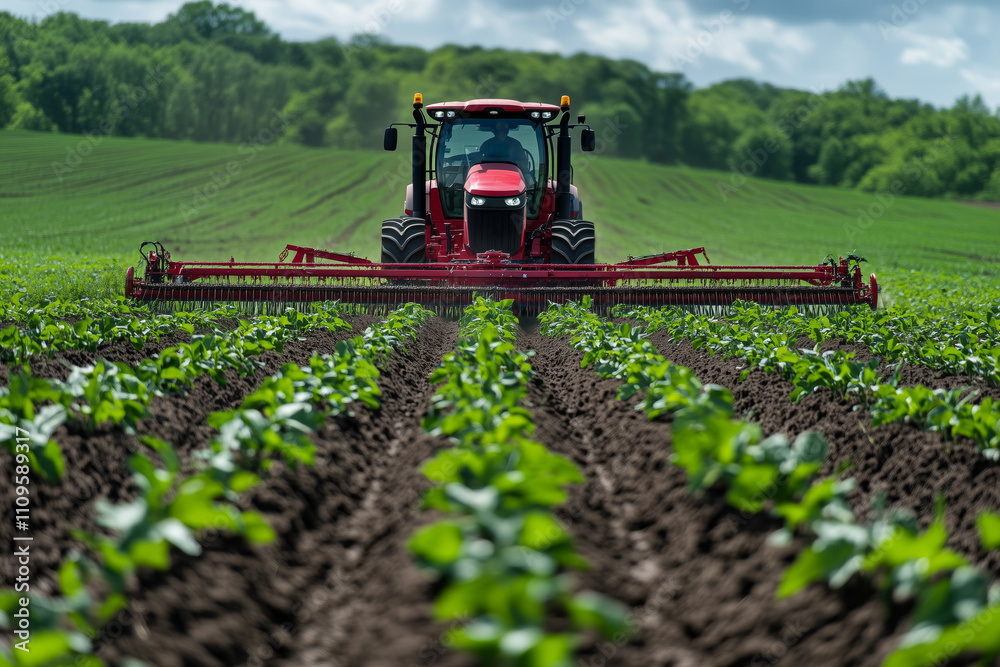 Fototapeta premium Vibrant agricultural field featuring automated machinery processing crops