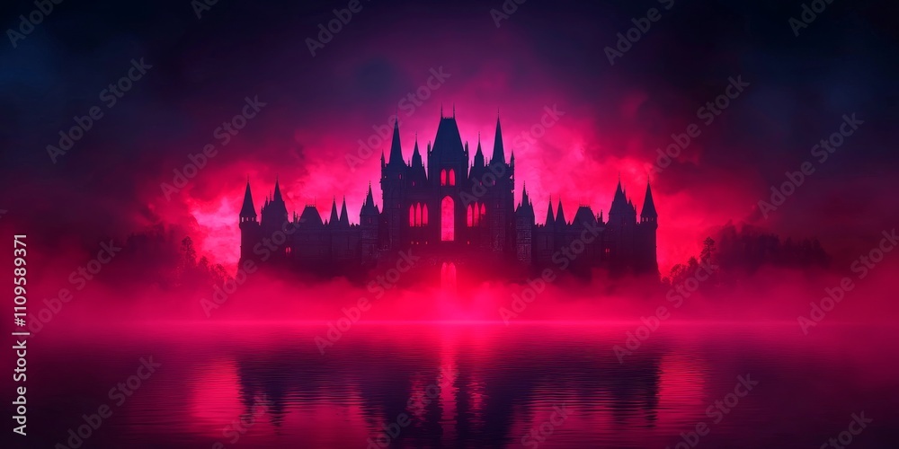 Naklejka premium A dark castle silhouette emerges from a vibrant pink mist, creating a mysterious and mystical atmosphere reflected in water.
