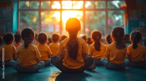 Youngsters sit cross-legged in a tranquil classroom, focusing on meditation as warm sunlight streams through large windows in the late afternoon