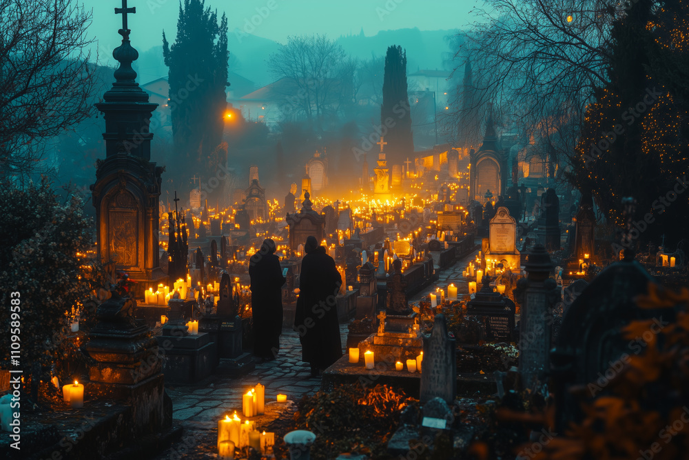 Eerie beauty of an ancient cemetery illuminated by candlelight at dusk Eerie beauty of an ancient cemetery illuminated by candlelight at dusk