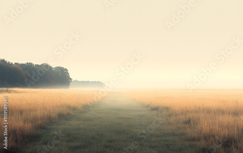 Expansive golden meadow with tall grass fading into the horizon under soft mist, bordered by dense green tree lines photo