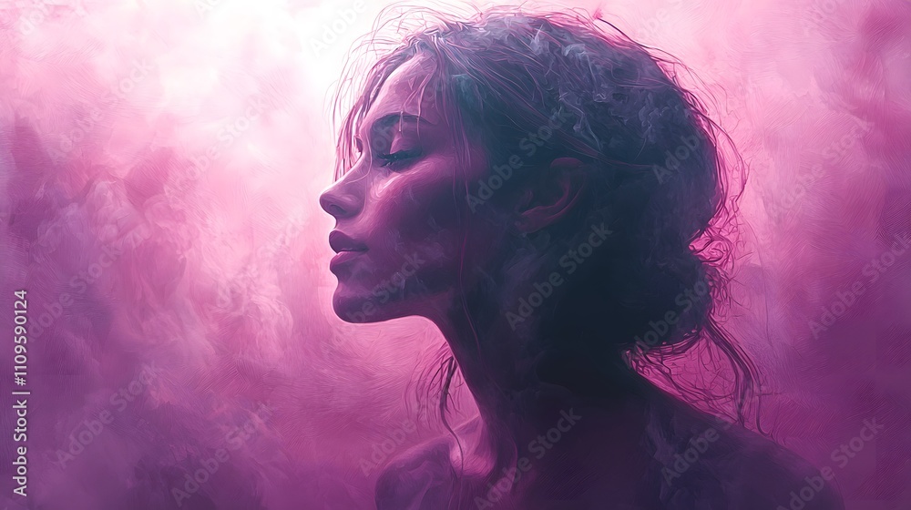 Profile of a woman with soft features in a dreamy pink and lavender artistic background Profile of a woman with soft features in a dreamy pink and lavender artistic background