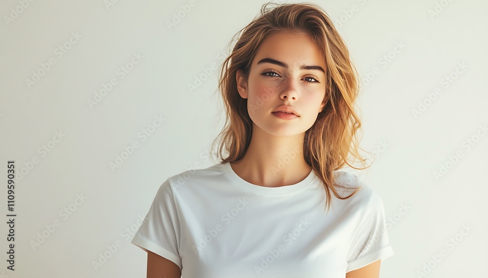 Modern and clean photo of a female model in a white tee, captured from the front against a light background Modern and clean photo of a female model in a white tee, captured from the front against a light background