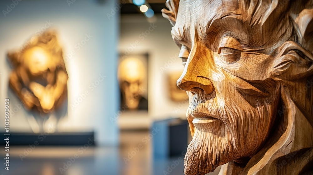 Wooden Sculpture Display in Art Gallery, showcasing intricate craftsmanship and artistic expression, inviting admiration for its beauty and skillful design in a serene environment Wooden Sculpture Display in Art Gallery, showcasing intricate craftsmanship and artistic expression, inviting admiration for its beauty and skillful design in a serene environment