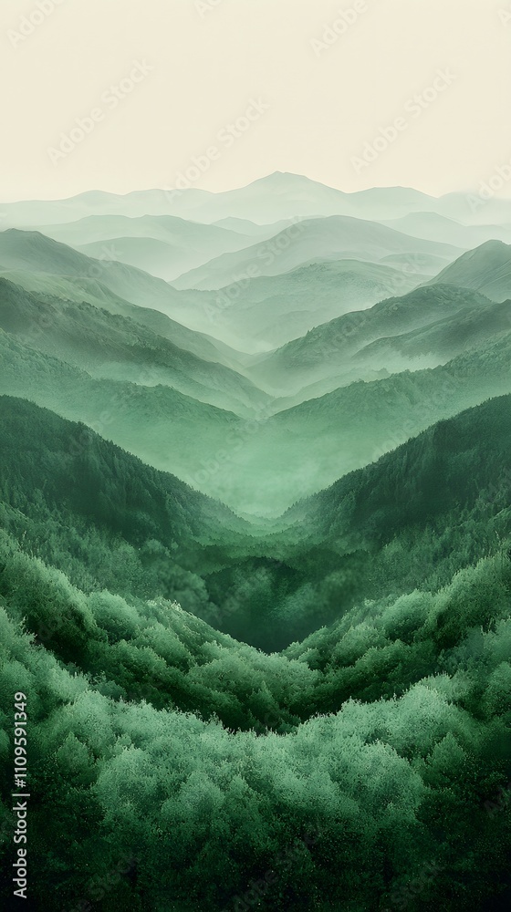 Verdant layered hills and valleys with a gradient of green shades fading into a misty pale background