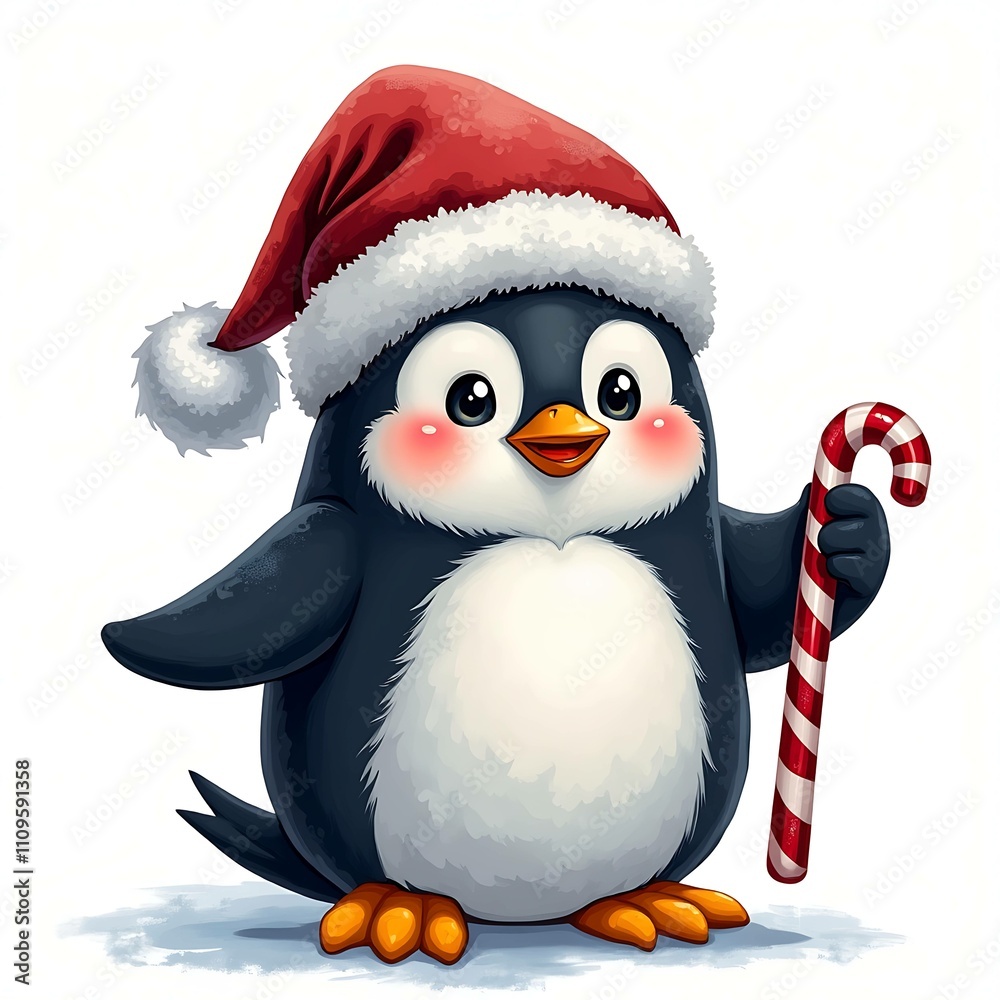 Illustration of A penguin with a Santa hat and candy cane. Illustration of A penguin with a Santa hat and candy cane.