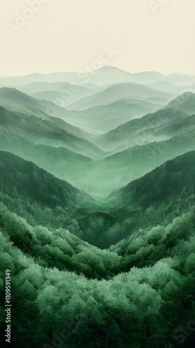 Obraz na płótnie Verdant layered hills and valleys with a gradient of green shades fading into a misty pale background w salonie