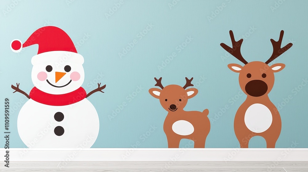 Christmas nursery decor concepts. Cheerful snowman and reindeer decorations against a light blue wall for festive ambiance. Christmas nursery decor concepts. Cheerful snowman and reindeer decorations against a light blue wall for festive ambiance.