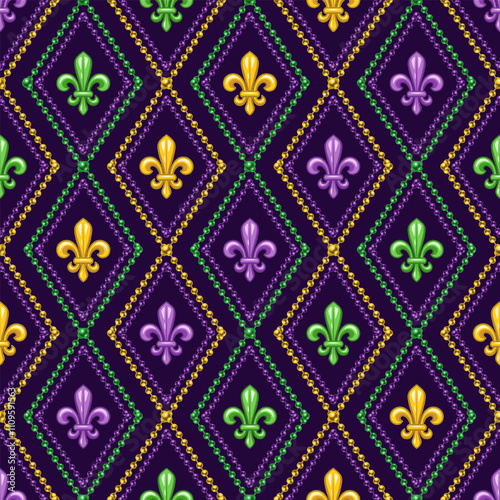 Geometric beaded pattern with fleur de lis symbol in center of grid cells. Diagonal diamond shaped rhombus grid, ornament. Decoration for Mardi Gras carnival. Vintage style illustration