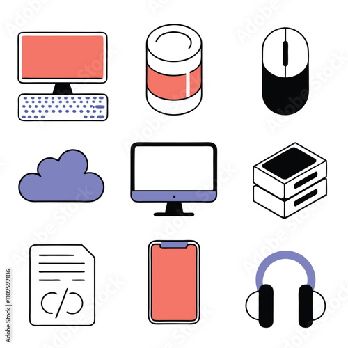 Collection of Technology Social Media Icons Depicting Various Electronic Devices and Gadgets on a White Background, Vector art EPS Format