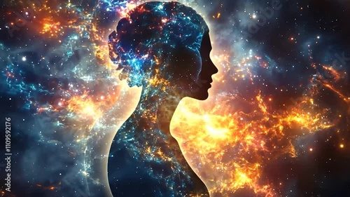 woman spirit on galaxy space background, colorful energy flow, 4k new quality colorful stock video footage