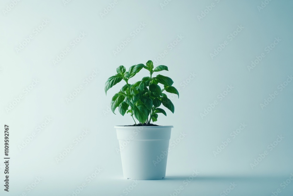 Lush basil plant in a white pot against a light blue background. Lush basil plant in a white pot against a light blue background.