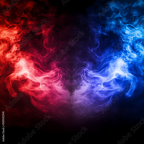 Dramatic smoke and fog in contrasting vivid red, blue, and purple colors. Vivid and intense abstract background or wallpaper, Generative Ai 