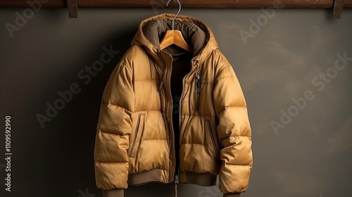 Yellow down jacket on a brown background. Shallow depth of field.