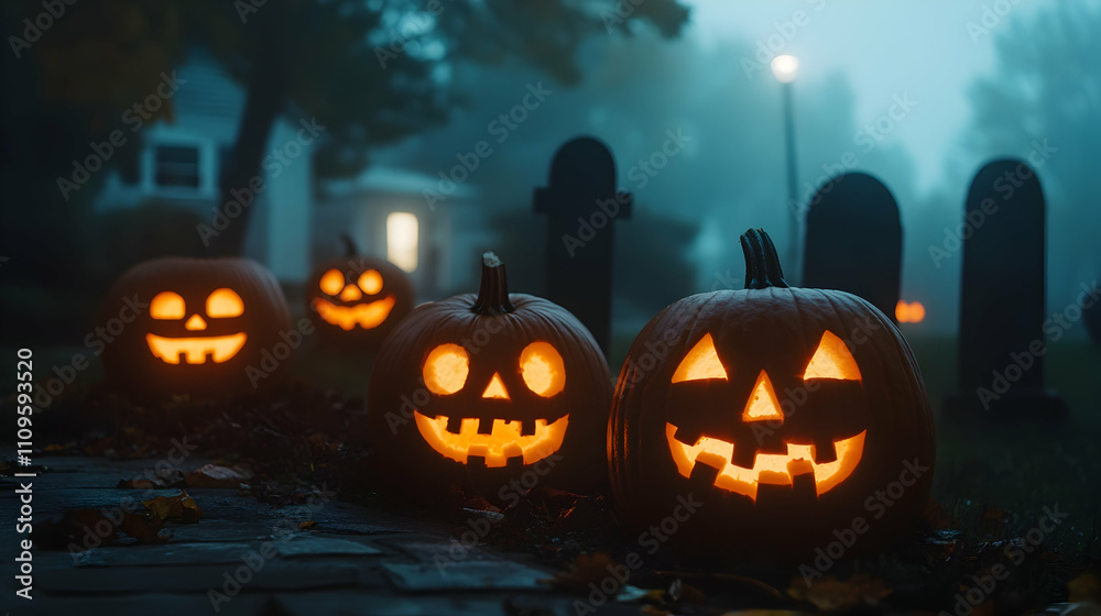 A foggy cemetery illuminated by several glowing jack-o'-lanterns, their carved faces enhancing the spooky Halloween ambiance.
A foggy cemetery illuminated by several glowing jack-o'-lanterns, their carved faces enhancing the spooky Halloween ambiance.