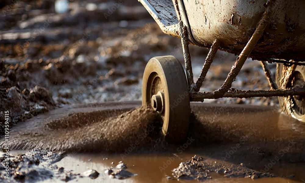 Wheelbarrow on Muddy Ground Capturing Construction Messy Scene Wheelbarrow on Muddy Ground Capturing Construction Messy Scene