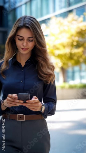 A confident businesswoman in formal attire walking through an urban setting while focused on her smartphone, with sunlight and office buildings in the background.

