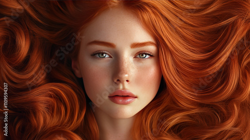 Stunning woman with flowing red hair and striking eyes