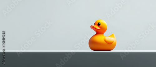 3D render of a lone rubber duck on a clean white table photo